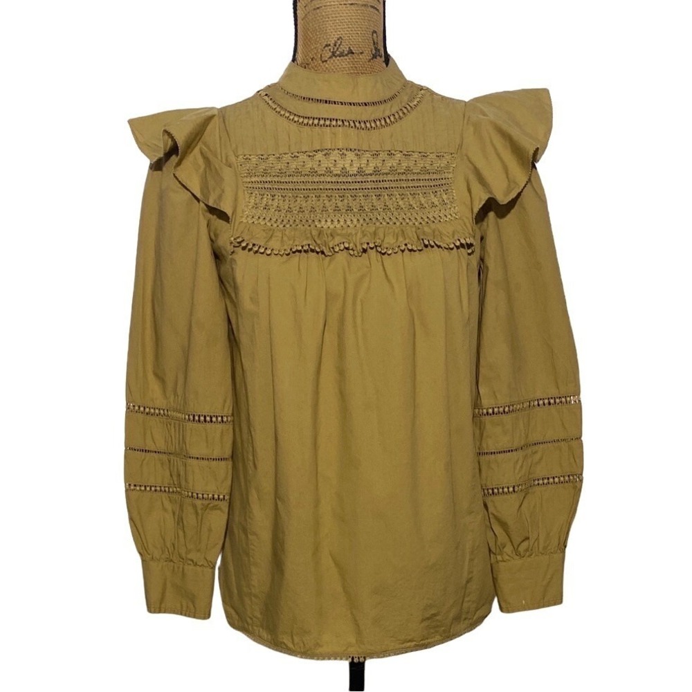 Re Imagined J.Crew Top XXS Khaki Brown Crochet Lace Victorian Ruffle Long Bubble